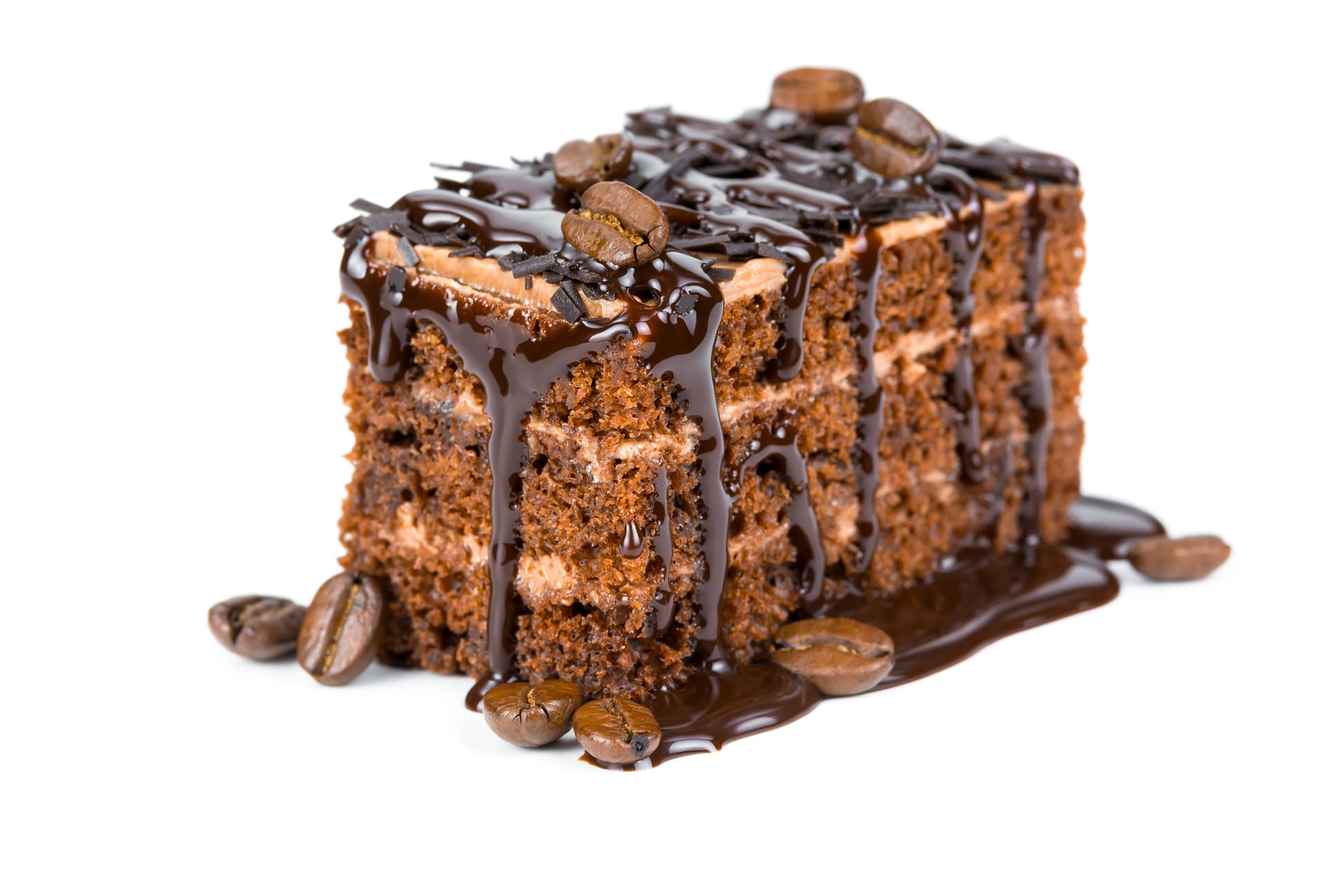 Generous slice of cake drizzled with chocolate syrup